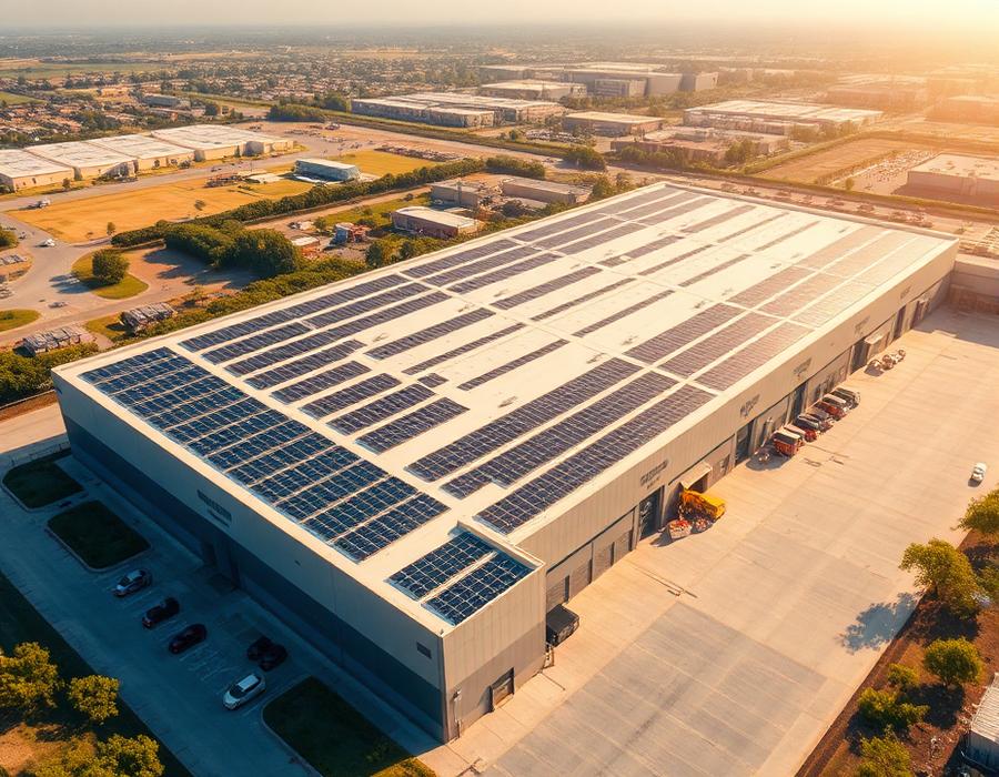 Empresa com painéis solares no telhado