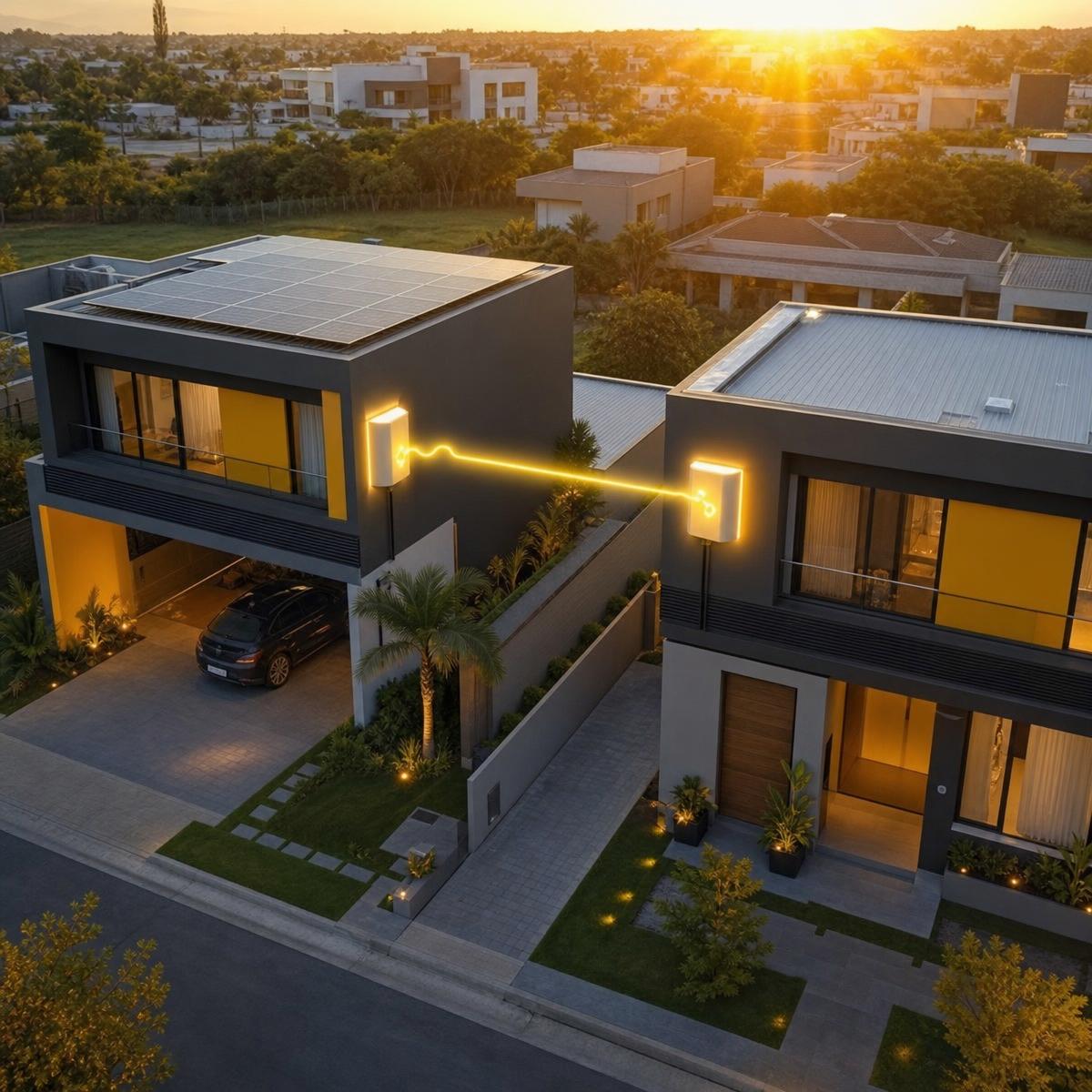 Duas casas modernas conectadas por energia solar compartilhada