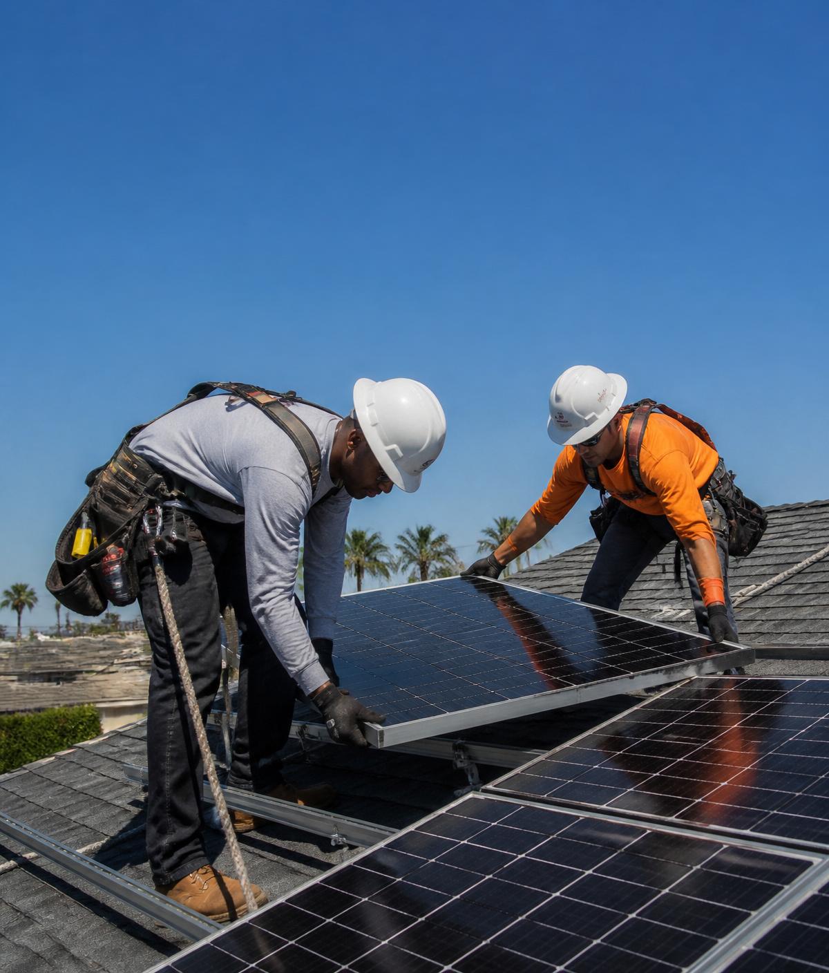 Equipe técnica instalando painéis solares em telhado residencial